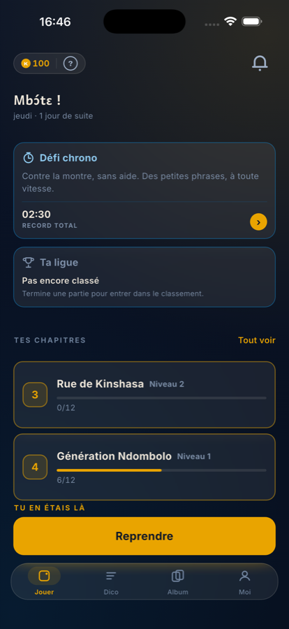 L'accueil de Langila : la liste des chapitres et leur avancement.