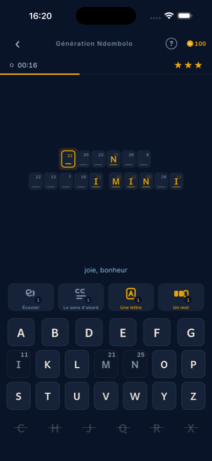 Une grille en cours : les lettres trouvées sont posées, le clavier montre celles qui restent.