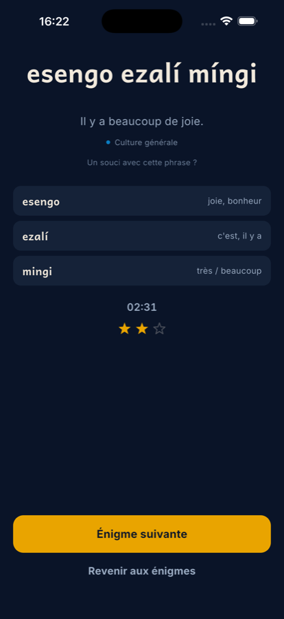 La révélation : la phrase en lingala, sa traduction et les mots gagnés.